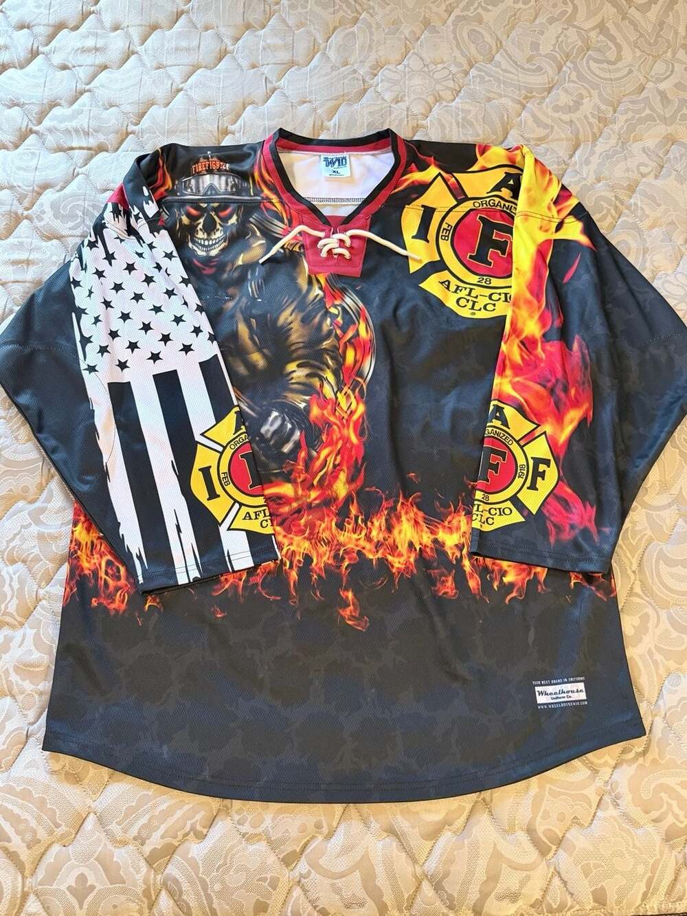 Wheelhouse Uniform Co. Firefighter Skull Flame and US Flag Hockey Jersey